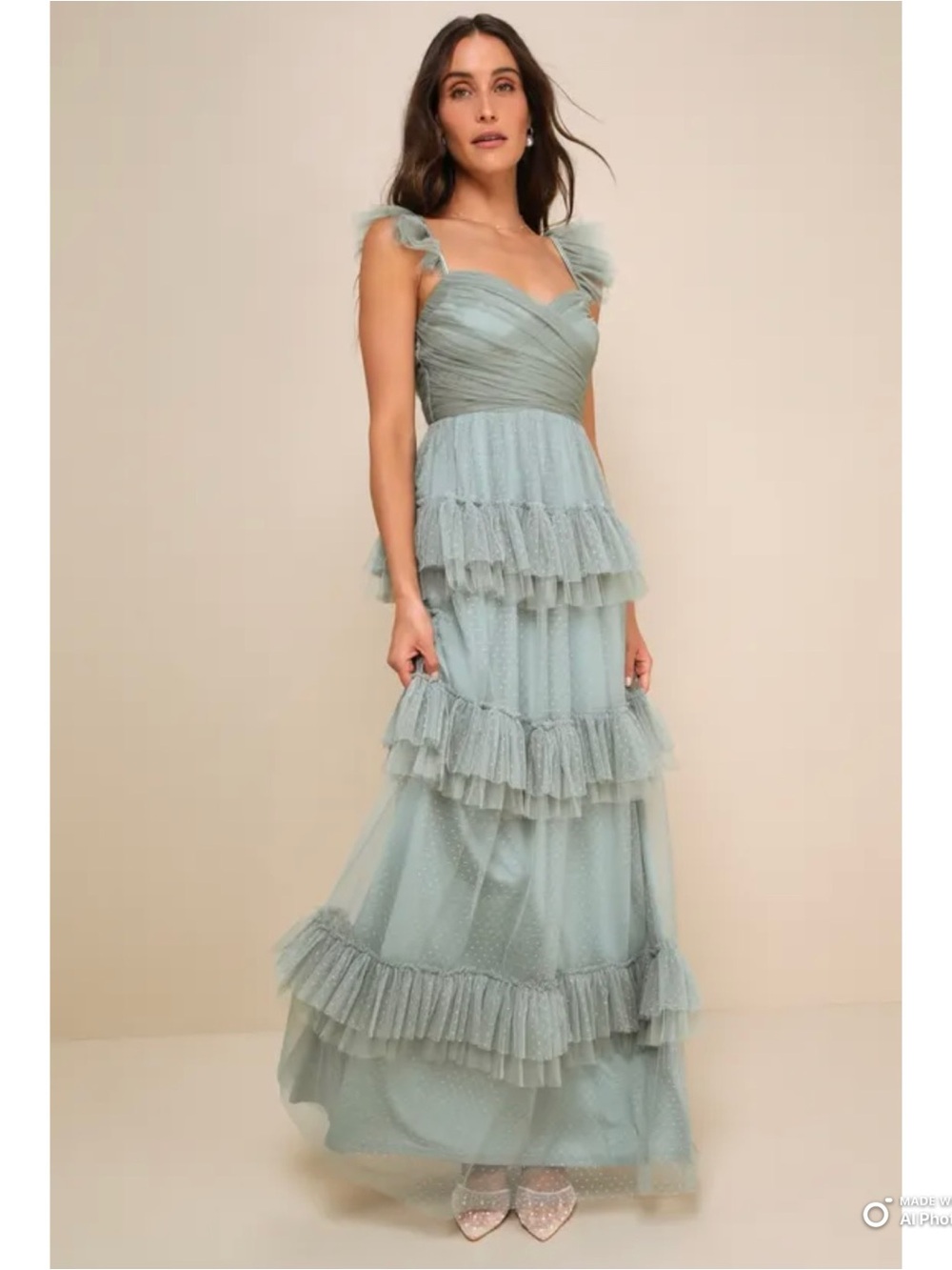 Lulus Small Pure Radiance Sage Brush Mesh Swiss Dot Tiered Maxi Dress NWT FLAW